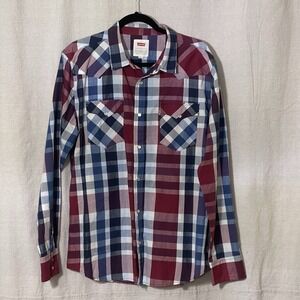 Levi's Shirt Mens Large‎ Blue White Red Plaid Pearl Snap Button Up Western Wear
